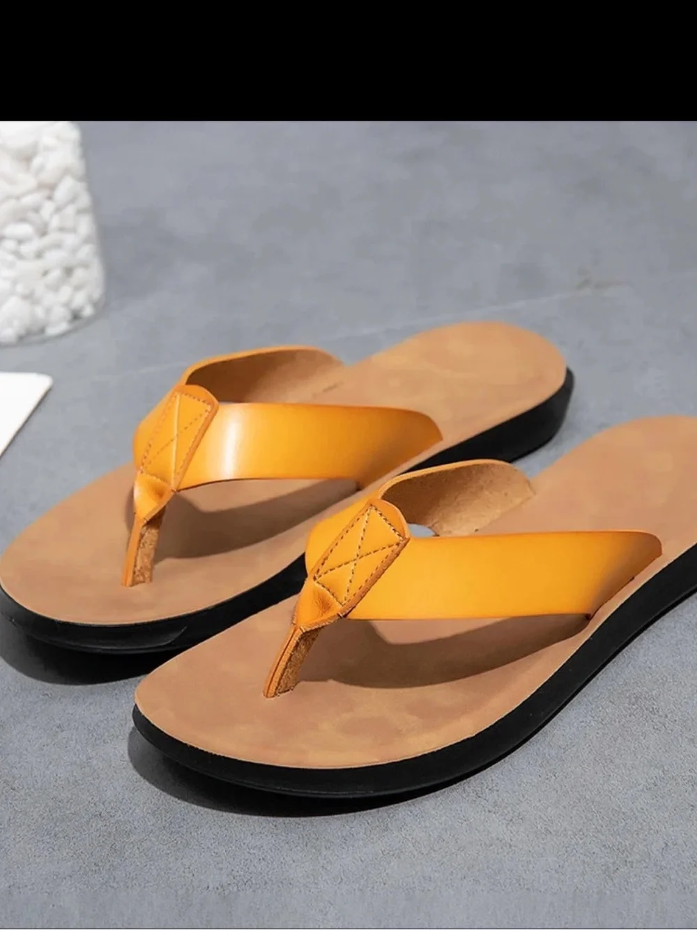 Men's Yellow-Tan Leather Flip-Flop Sandals